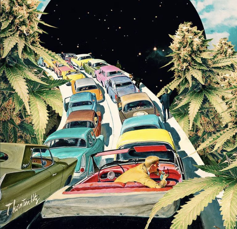 Retro cars drive through space-themed road.