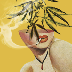 Surreal collage: face, cannabis leaves, cigarette smoke.
