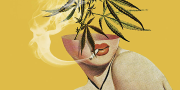 Surreal collage: face, cannabis leaves, cigarette smoke.