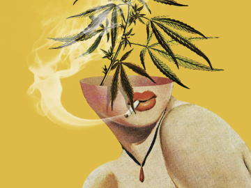 Surreal collage: face, cannabis leaves, cigarette smoke.