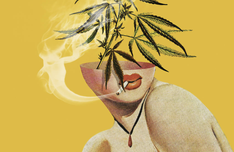 Surreal collage: face, cannabis leaves, cigarette smoke.