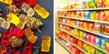 Gummy bears with cannabis and snack aisle