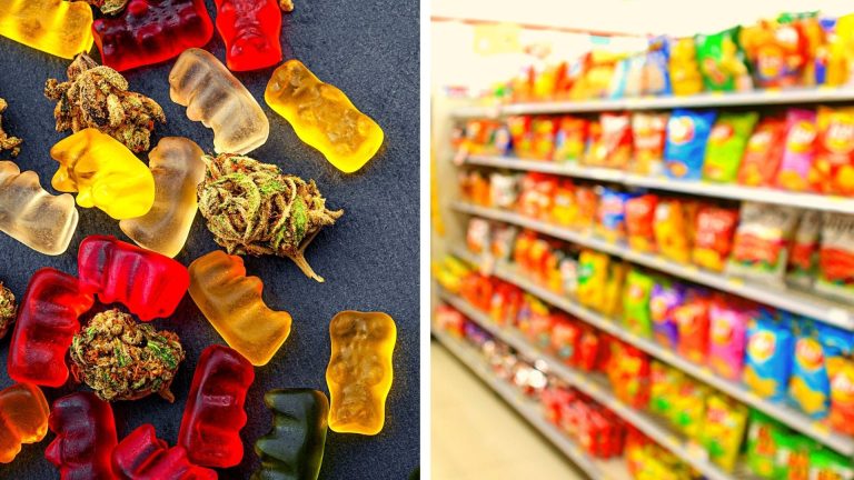 Gummy bears with cannabis and snack aisle