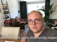 Person in living room with text overlay.