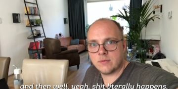 Person in living room with text overlay.