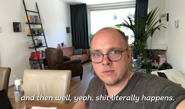 Person in living room with text overlay.