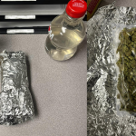 Foil-wrapped package with noodle soup and cherry juice.