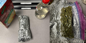 Foil-wrapped package with noodle soup and cherry juice.