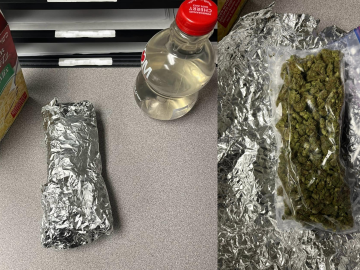 Foil-wrapped package with noodle soup and cherry juice.