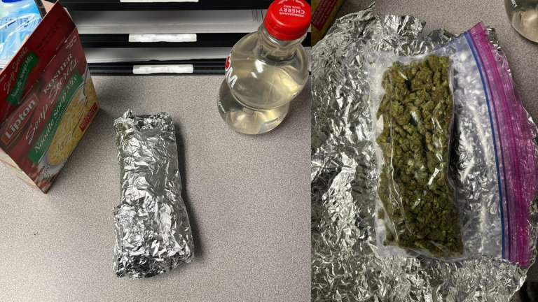 Foil-wrapped package with noodle soup and cherry juice.